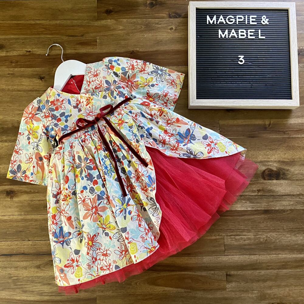 NEW Magpie & Mabel Floral Tulle Short Sleeve Formal Wrap Red Blue Dress 3